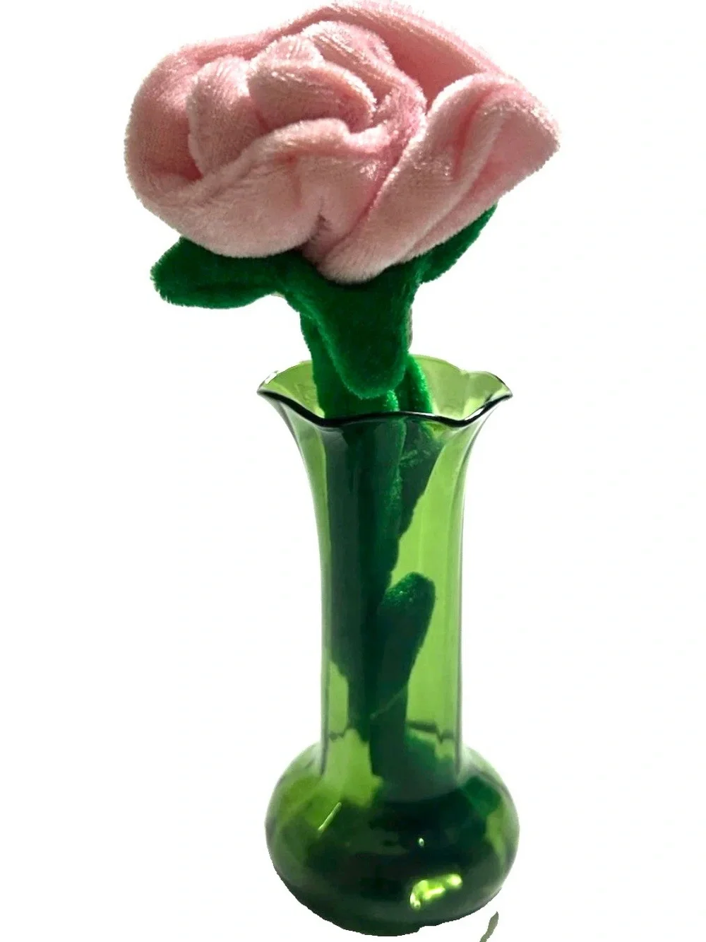 Vintage Green Art Glass Bud Vase 6” Hand Blown Scalloped Rim Mid Century MCM
